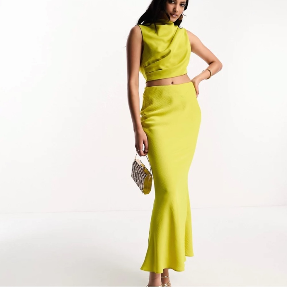 ASOS DESIGN satin high neck cut out waist midi dress in chartreuse